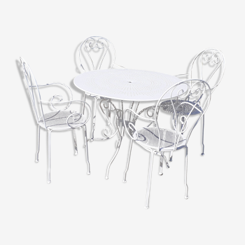 Salon de jardin en fer forgé 1 table 4 fauteuils ancien blanc