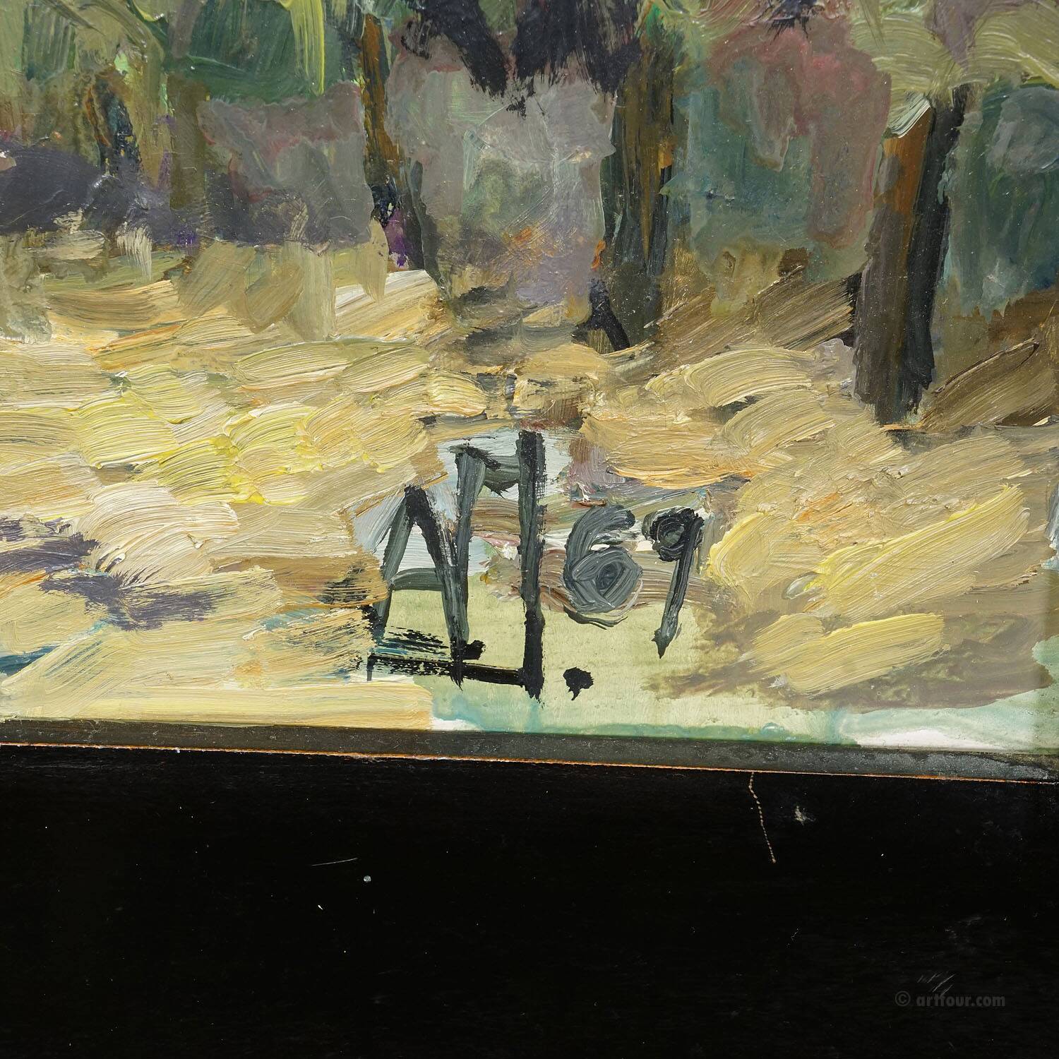 Oil painting by Alexander Michael depicting a mountain landscape, 1969.