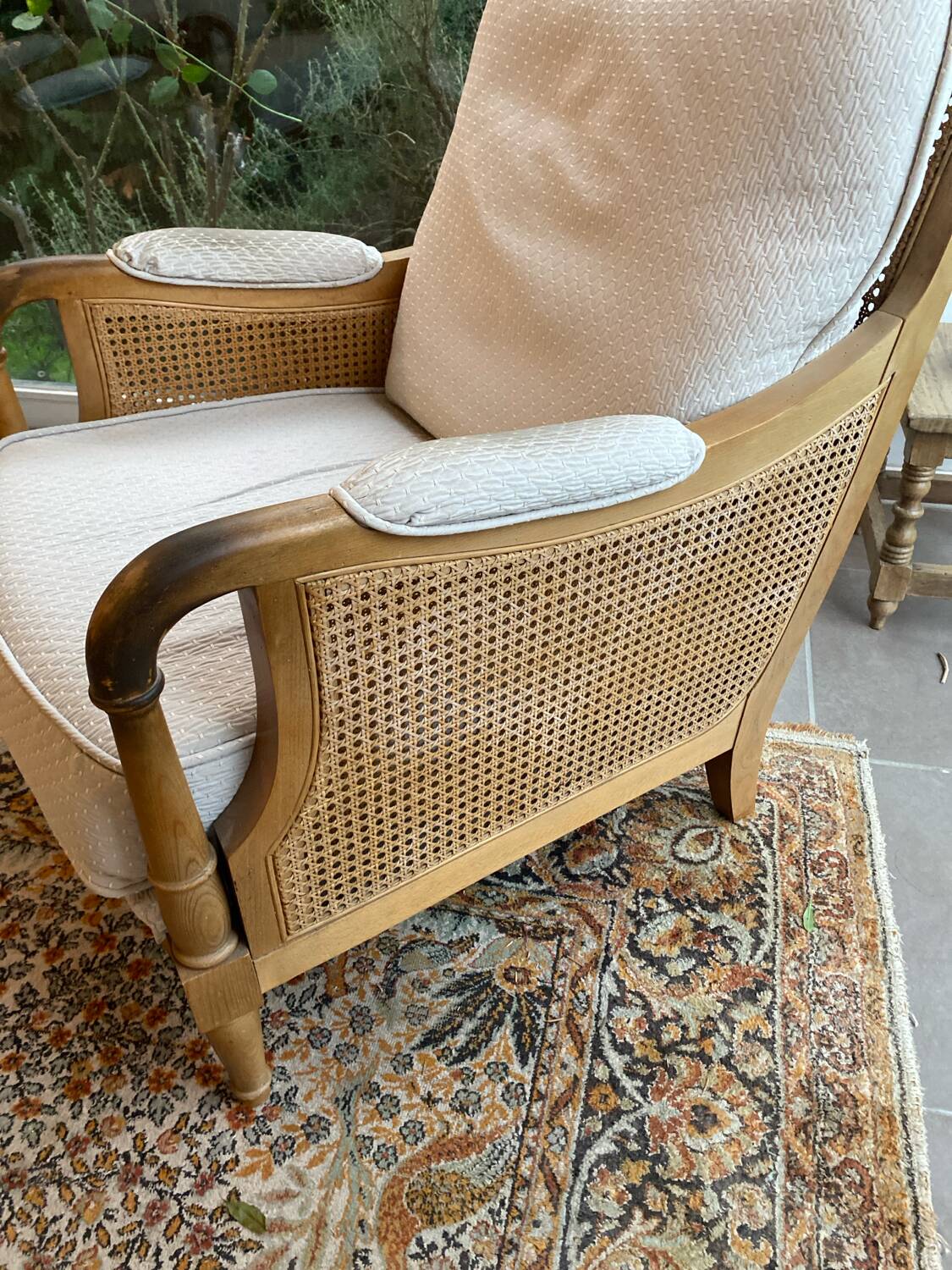 Sofa and armchair in cane and wood by Jean Roche