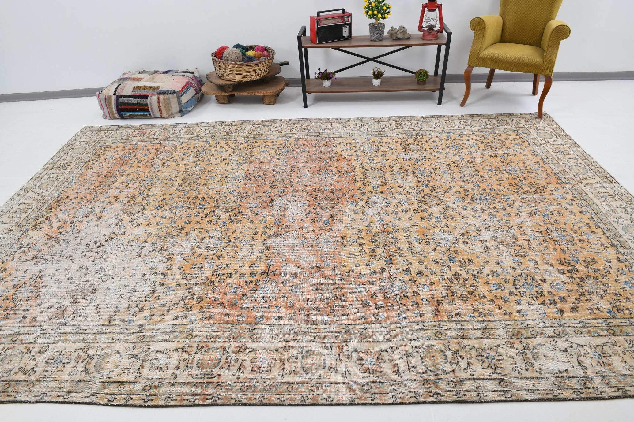 8x12 handmade orange foloral turkish rug 383x257cm