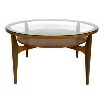 Important modern Scandinavian style coffee table, walnut / glass – c. 1960