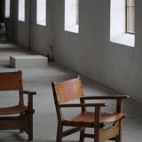 Pair of Spanish brutalist armchairs from the 1960s, wood and leather.