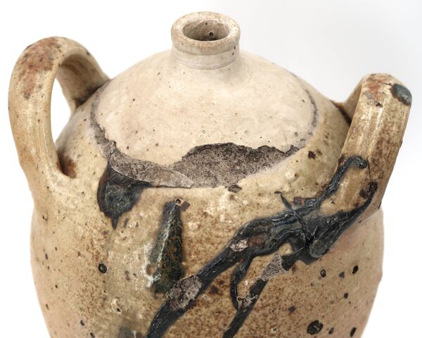 Jarre traditionnelle wabi sabi en céramique grès avec anses, 1900