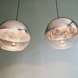 Pair of large Space Age pendant lights in clear glass and chrome, 1970s