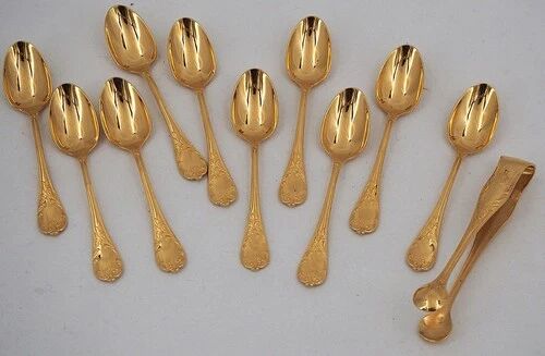 Christofle Marly gold, 10 mocha spoons, coffee, 10 cm + gold metal sugar tongs