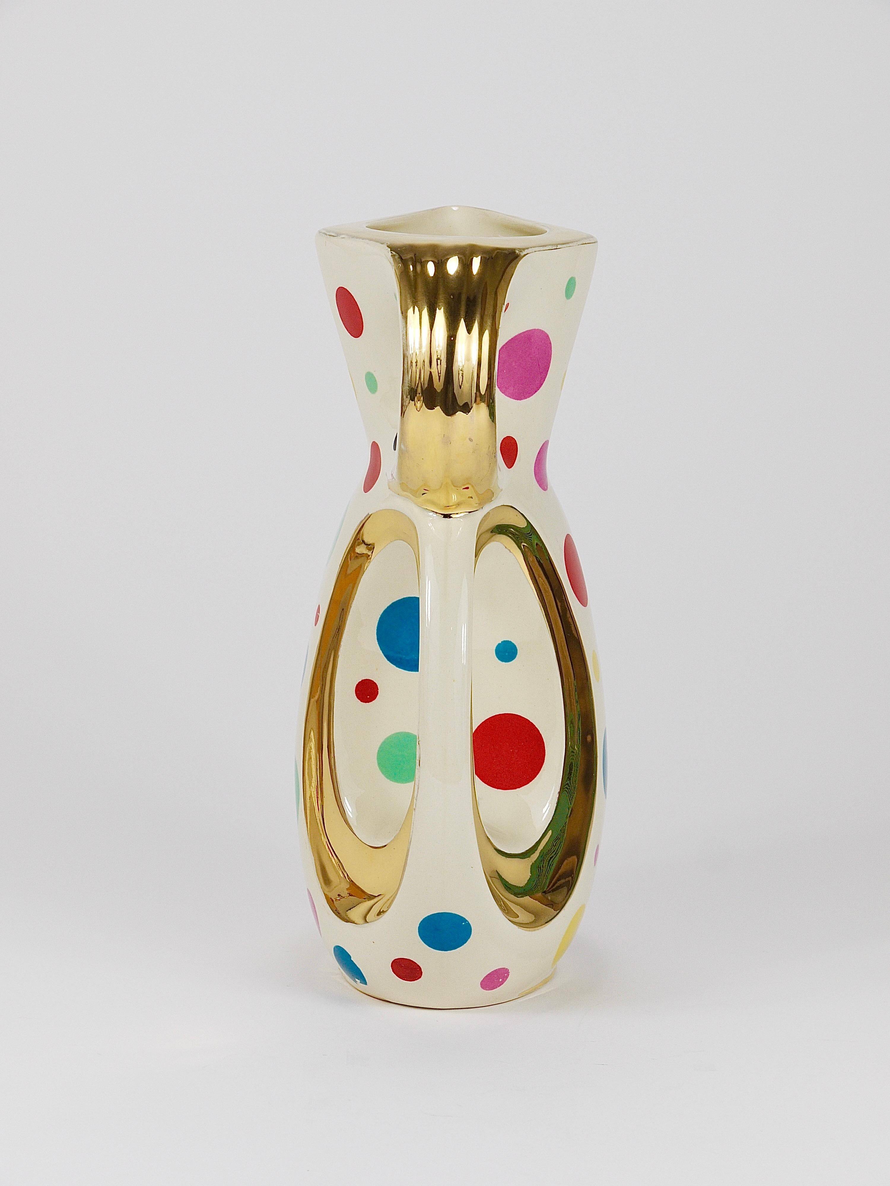 Boch Frères Pichet / Mid-Century Jug in Gold and Polka Dots, Belgium, 1950s