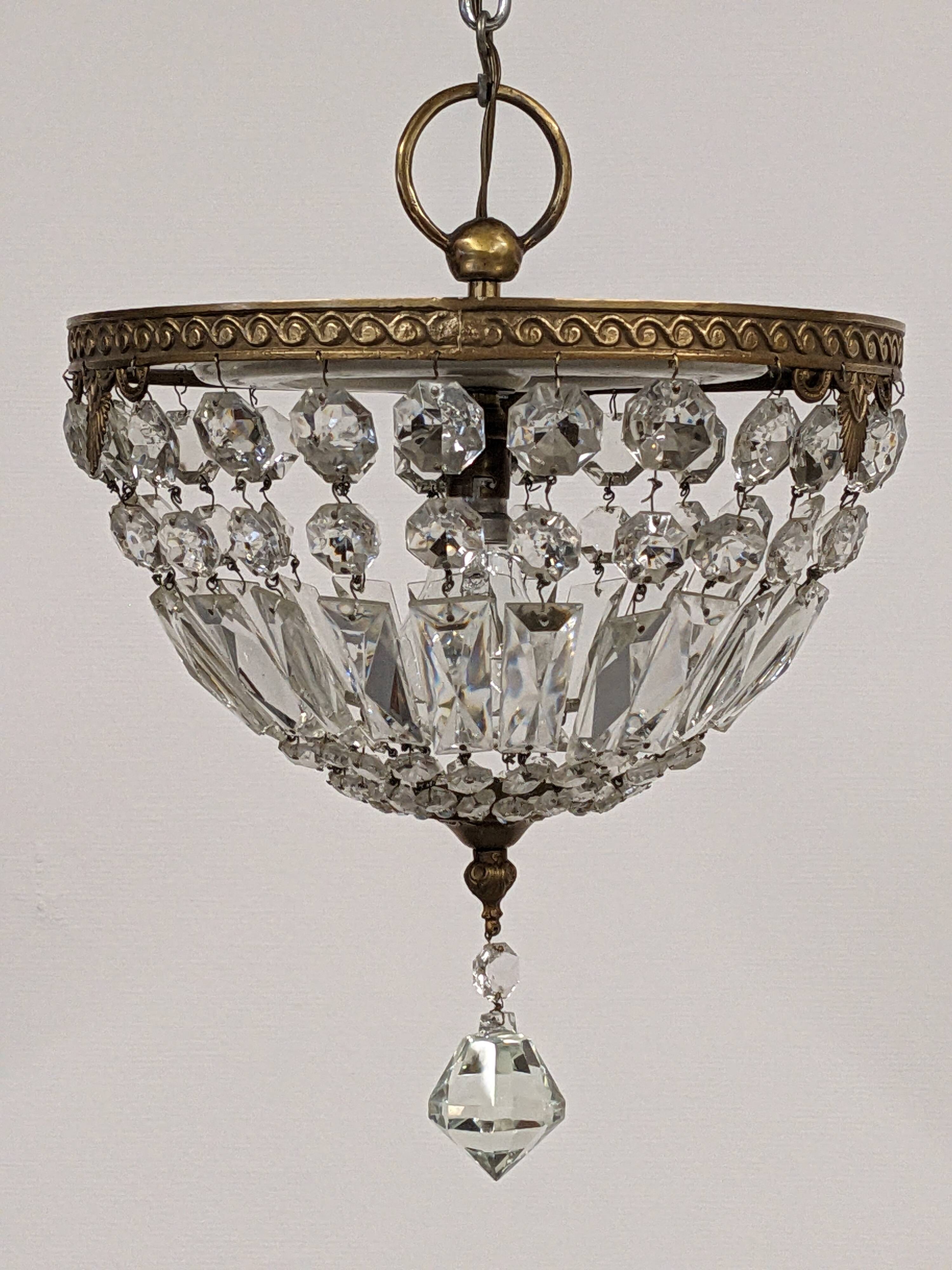 Louis XVI style bronze ceiling light and glass pendants