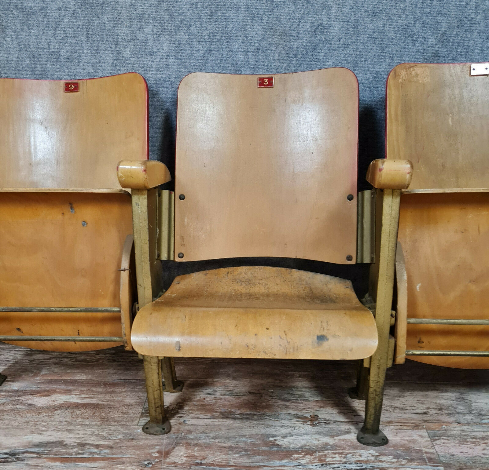 Triple cinema bench in wood and steel, Twentieth century design