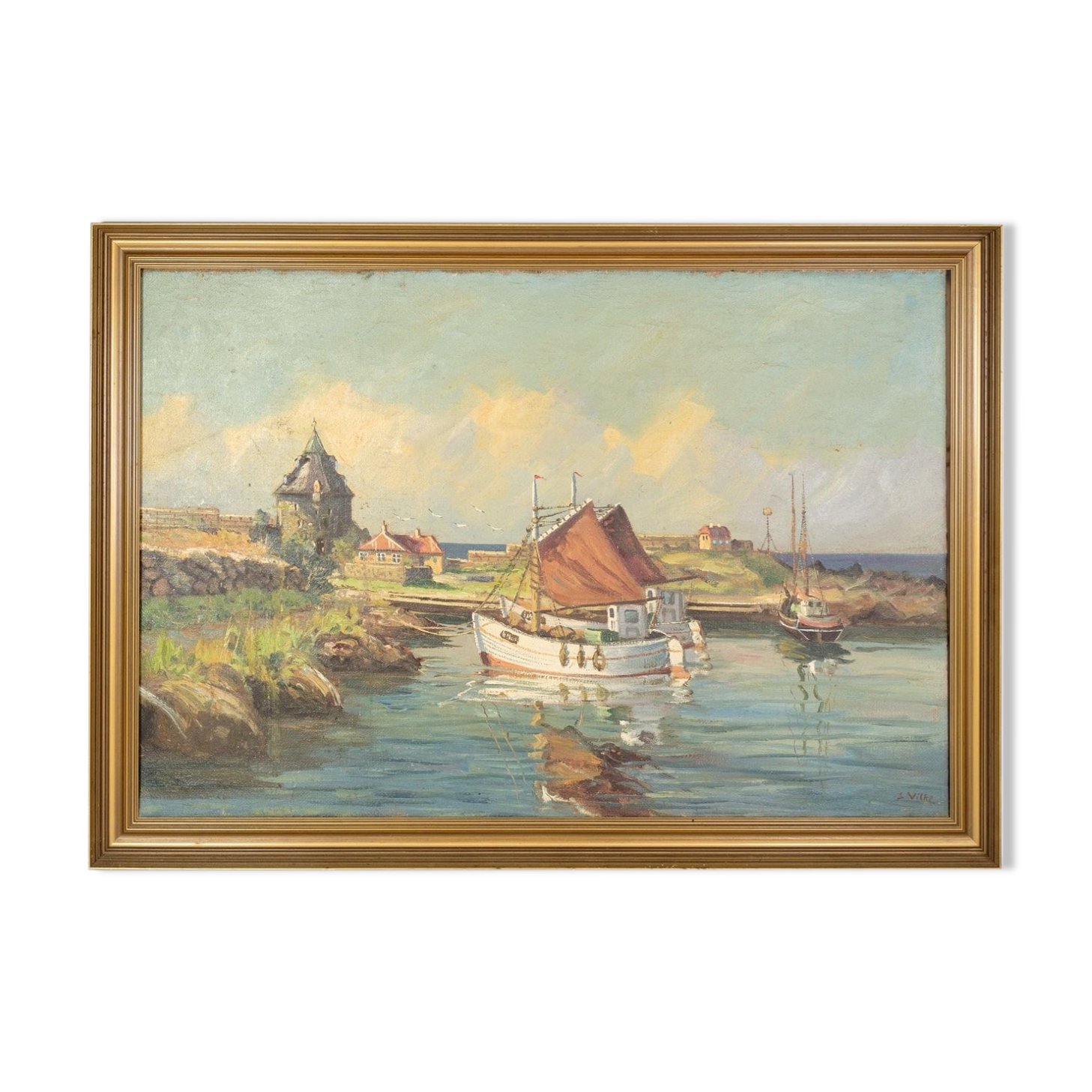 Oil painting on canvas with motif of fishing boats near shore
