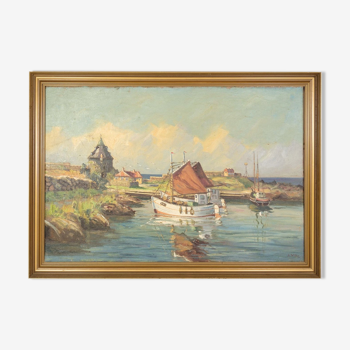 Oil painting on canvas with motif of fishing boats near shore