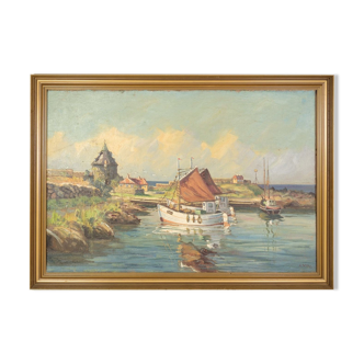 Oil painting on canvas with motif of fishing boats near shore