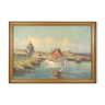 Oil painting on canvas with motif of fishing boats near shore