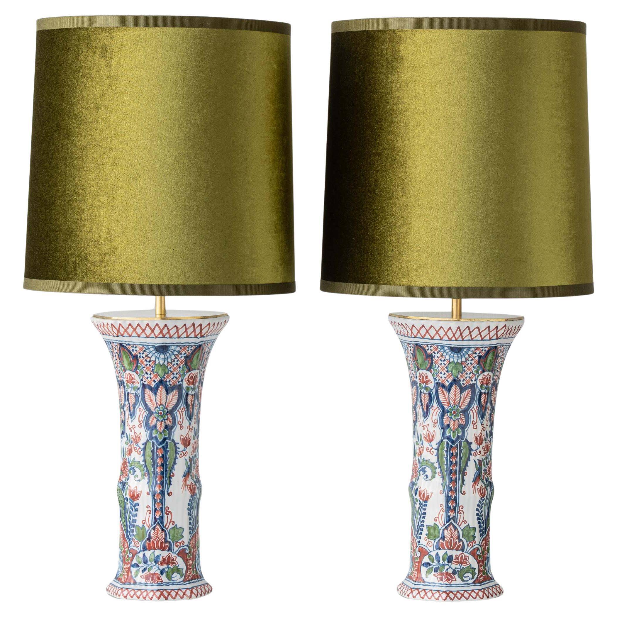 Pair of Dutch Delft Makkum ceramic table lamps with new olive green velvet shades.