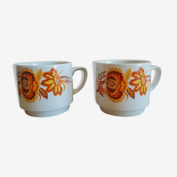 Duo flowery cups monopoli orange brown 70s