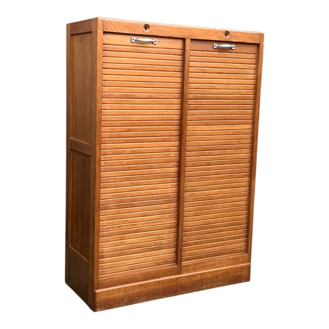 Antique oak tambour door filing cabinet, H120