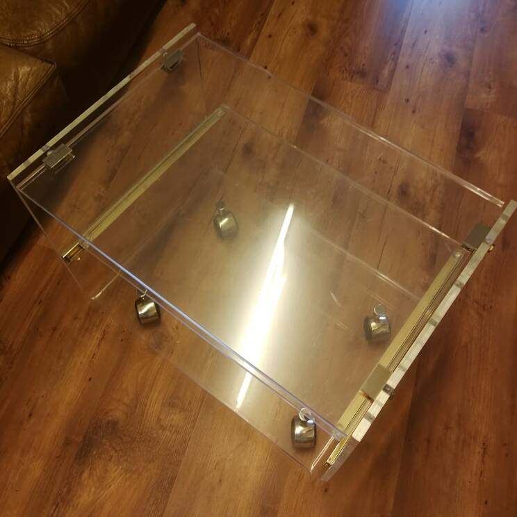David Lange designer coffee table, plexiglass and gold metal, sliding top