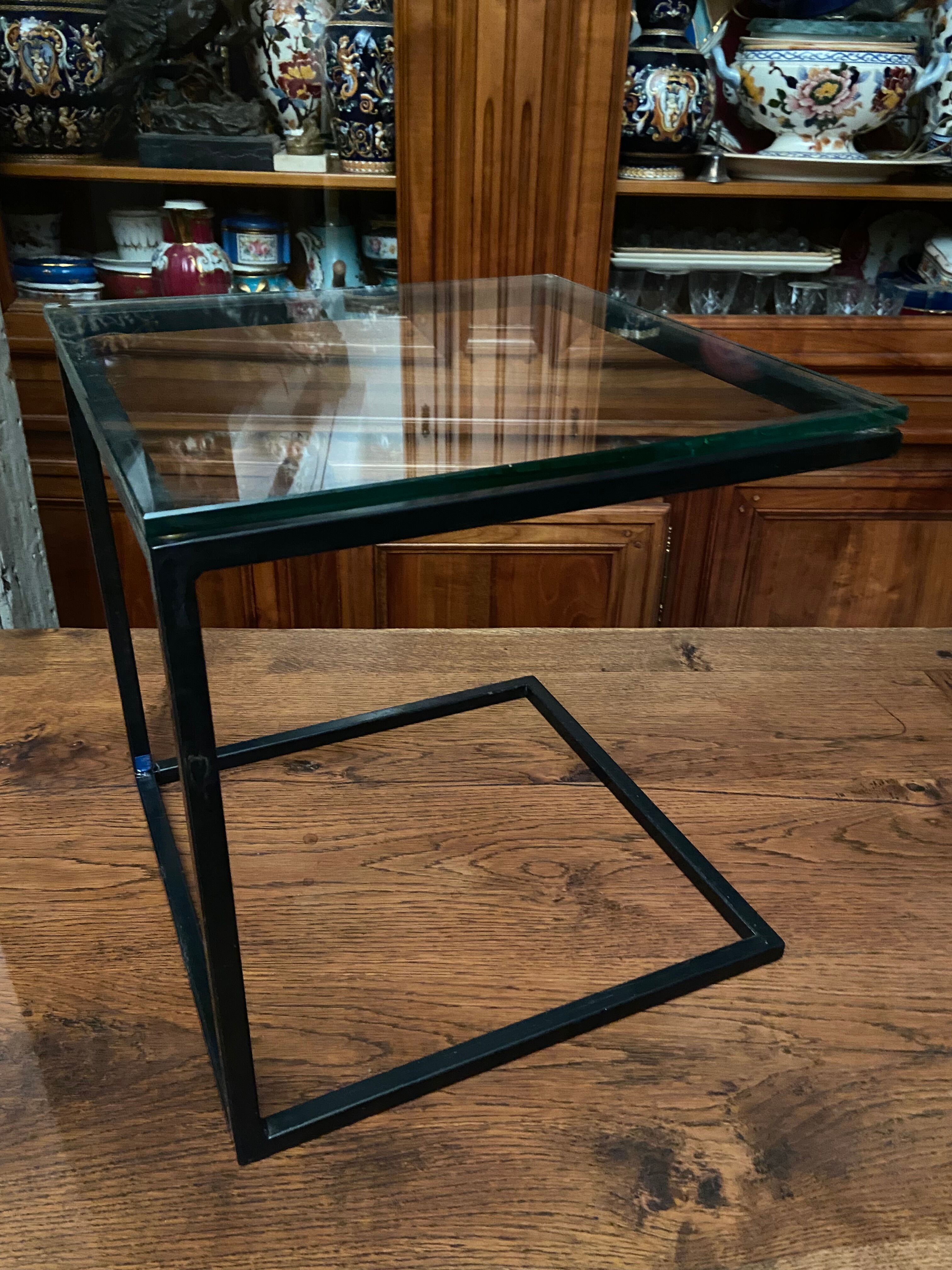 Coffee table end of sofa harness design 1970 metal and glass marked pierre chevalier