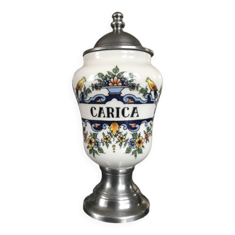 “Carica” apothecary pharmacy jar in Rouen ceramic with pewter foot and lid