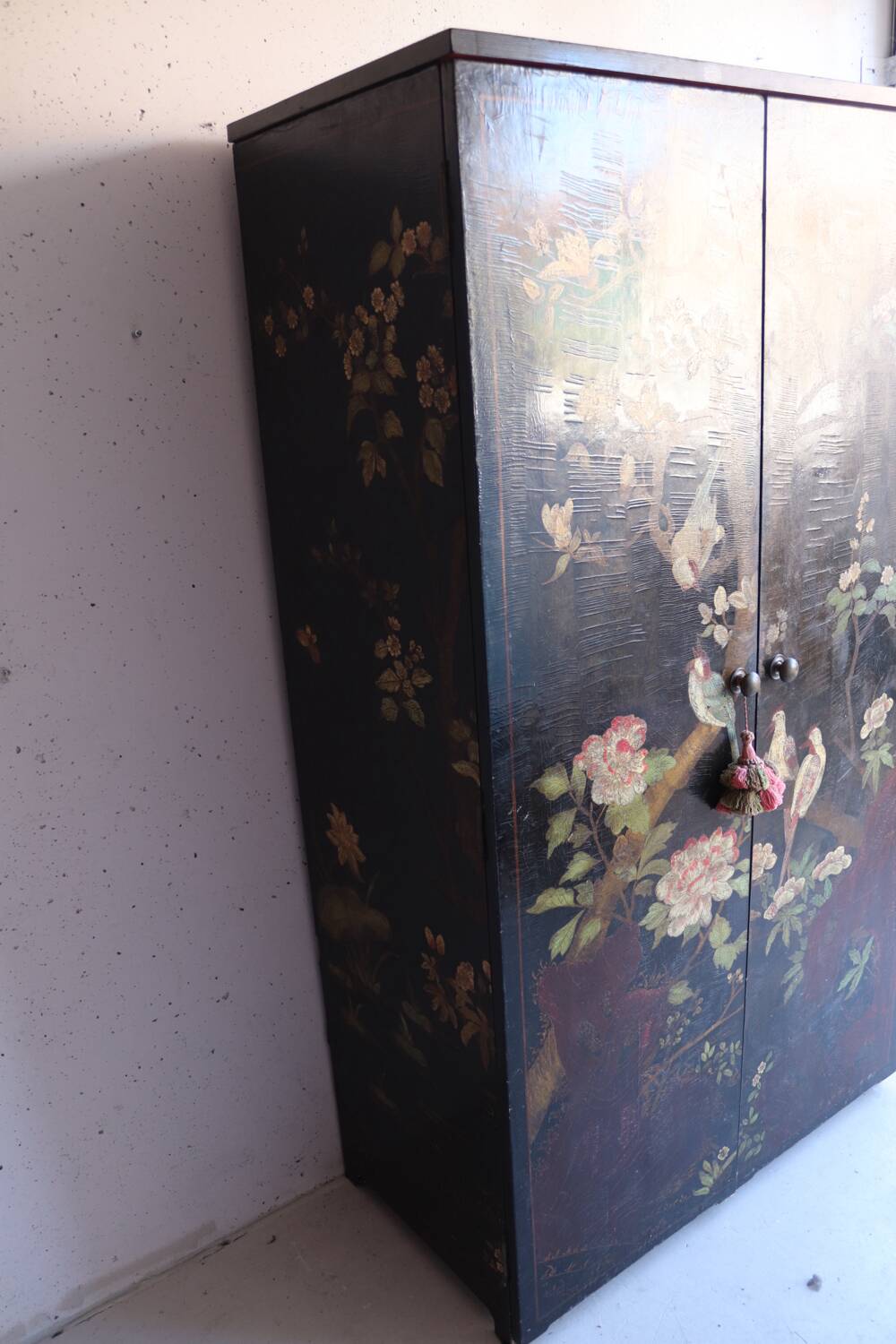 Black and red chinoiserie wardrobe – illuminated vintage furniture