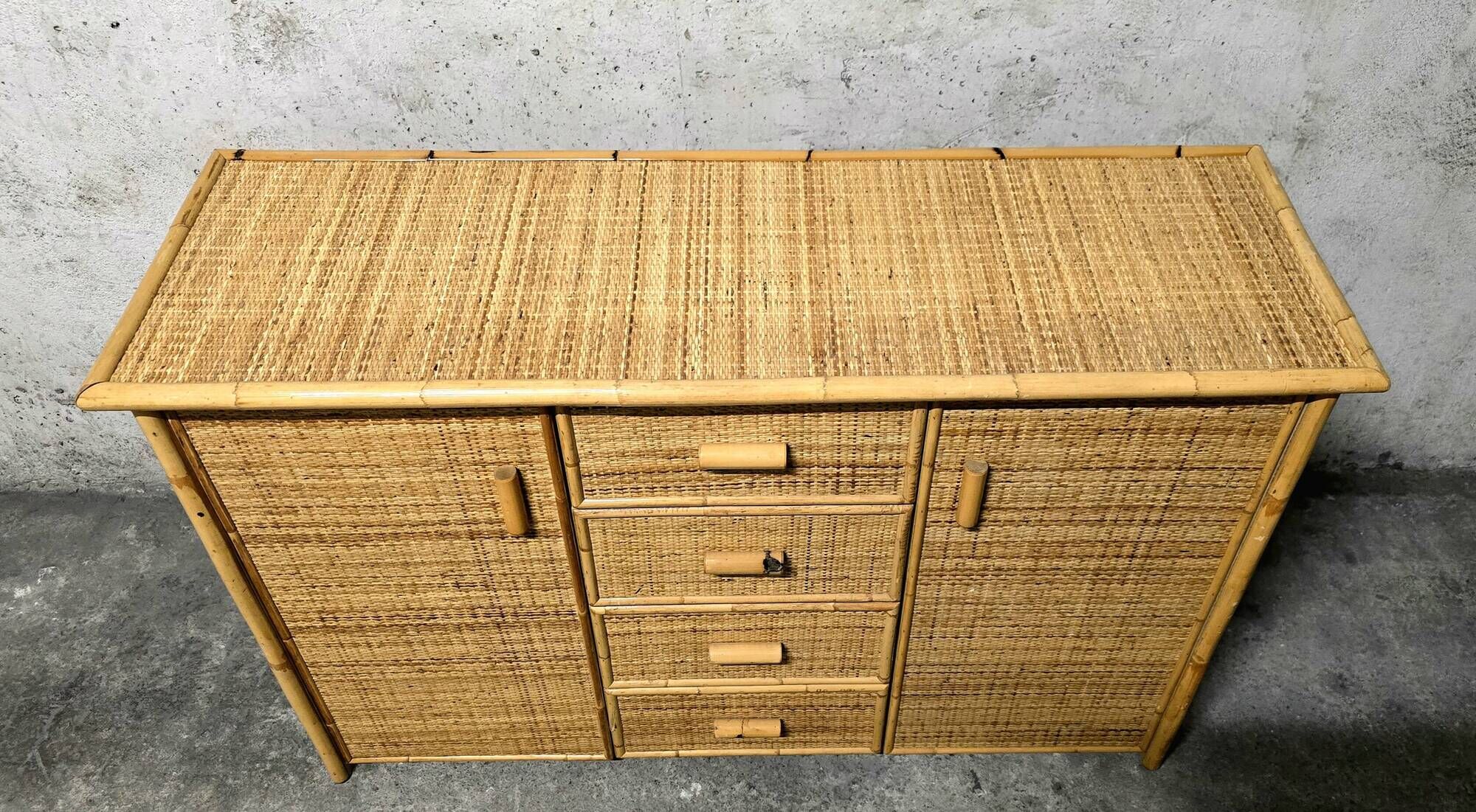 Vintage woven rattan and natural bamboo sideboard - Italy 1970s