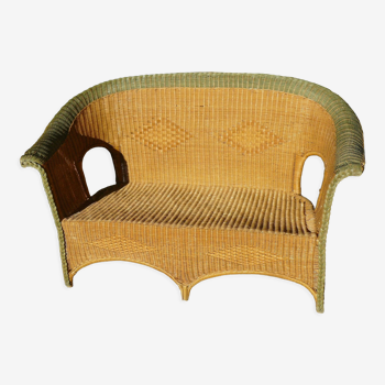 Canapé banquette rotin et osier vintage 1970
