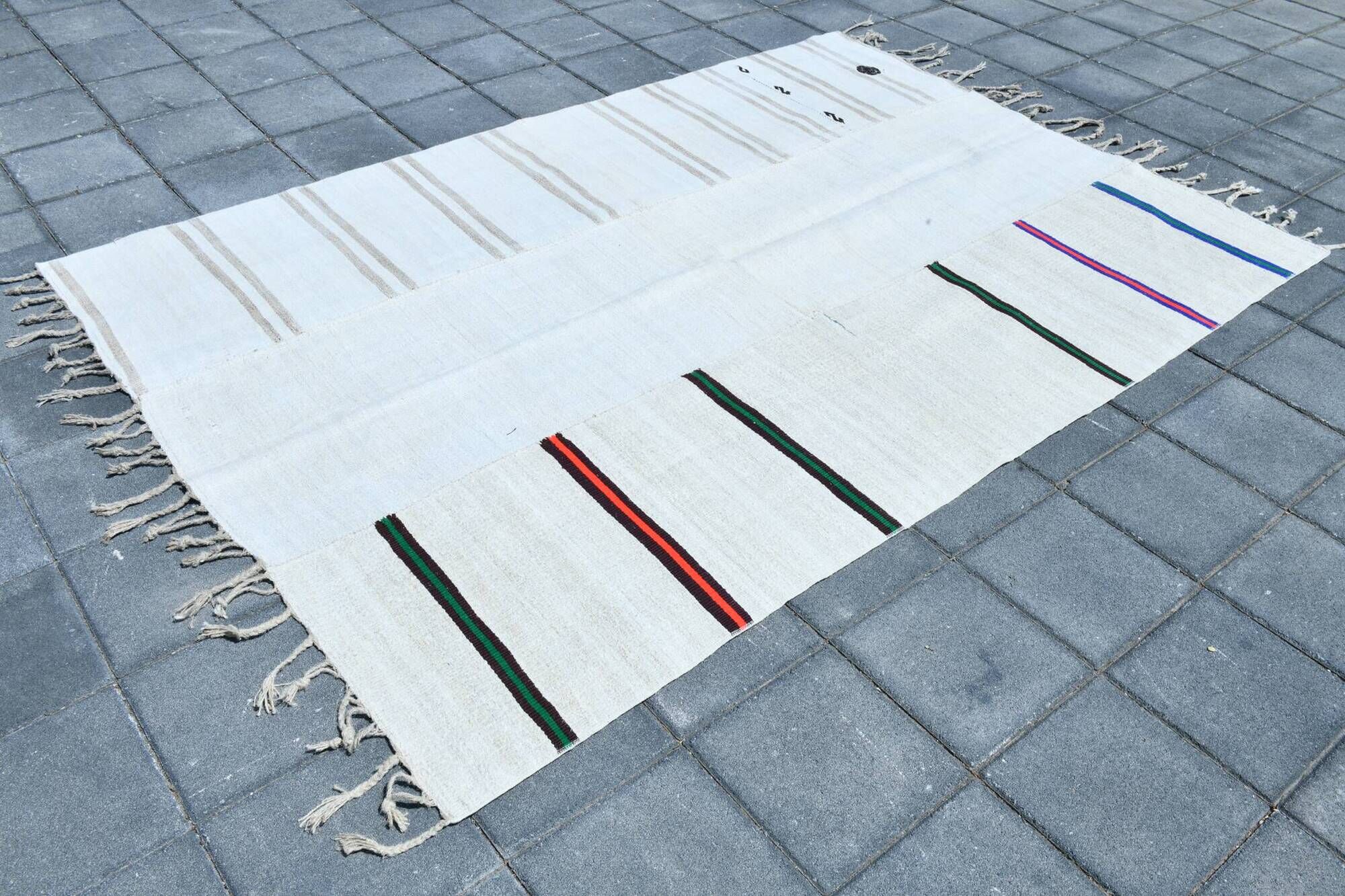 Turkish Vintage Minimalit Striped Kilim Rug, Handmade Oushak Wool Carpet