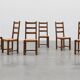 Set of 6 rustic oak ladder-back chairs with rush seats, France, 20th centur
