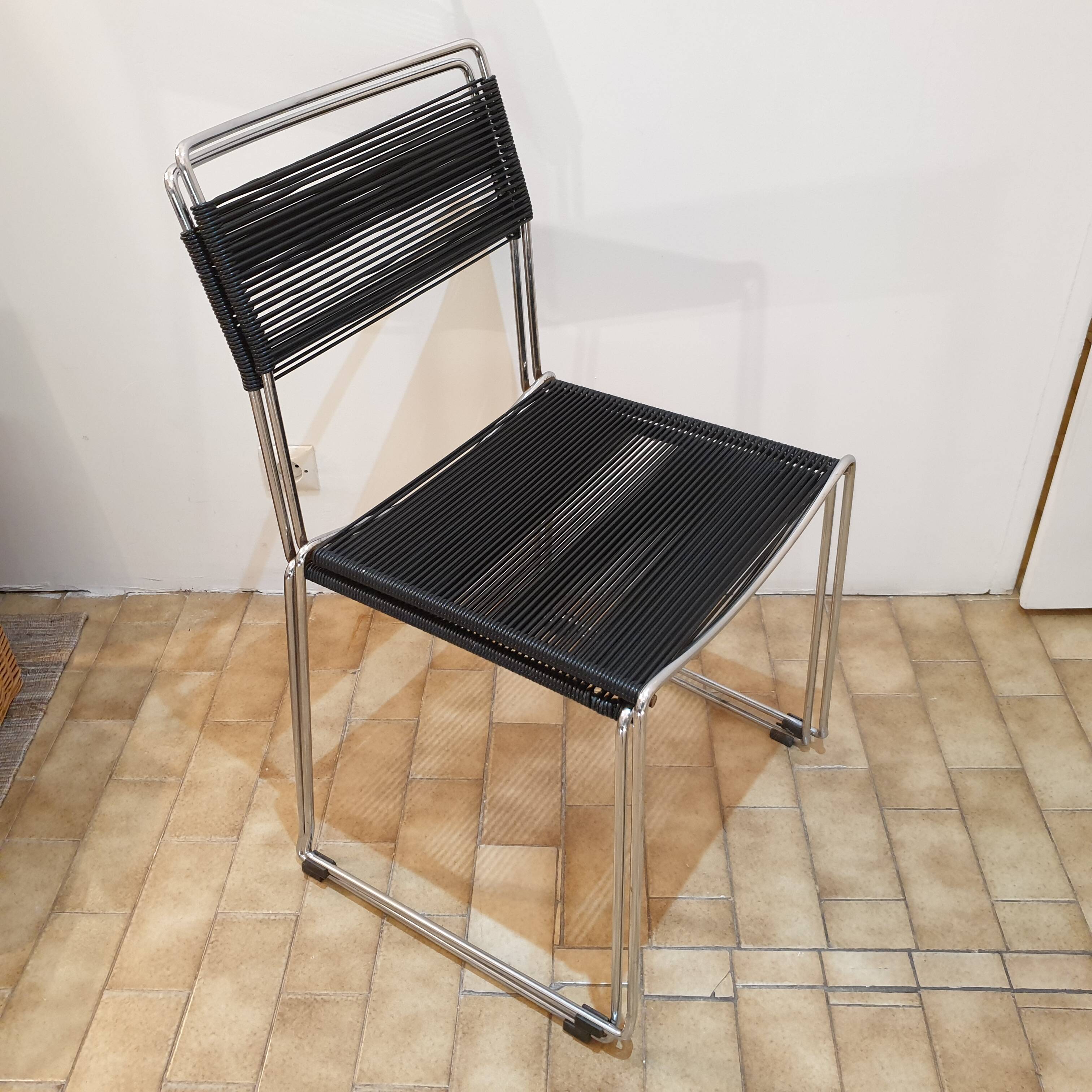 Pair of spaghetti chairs stainless steel and black scoubidou Giondomenico Belotti