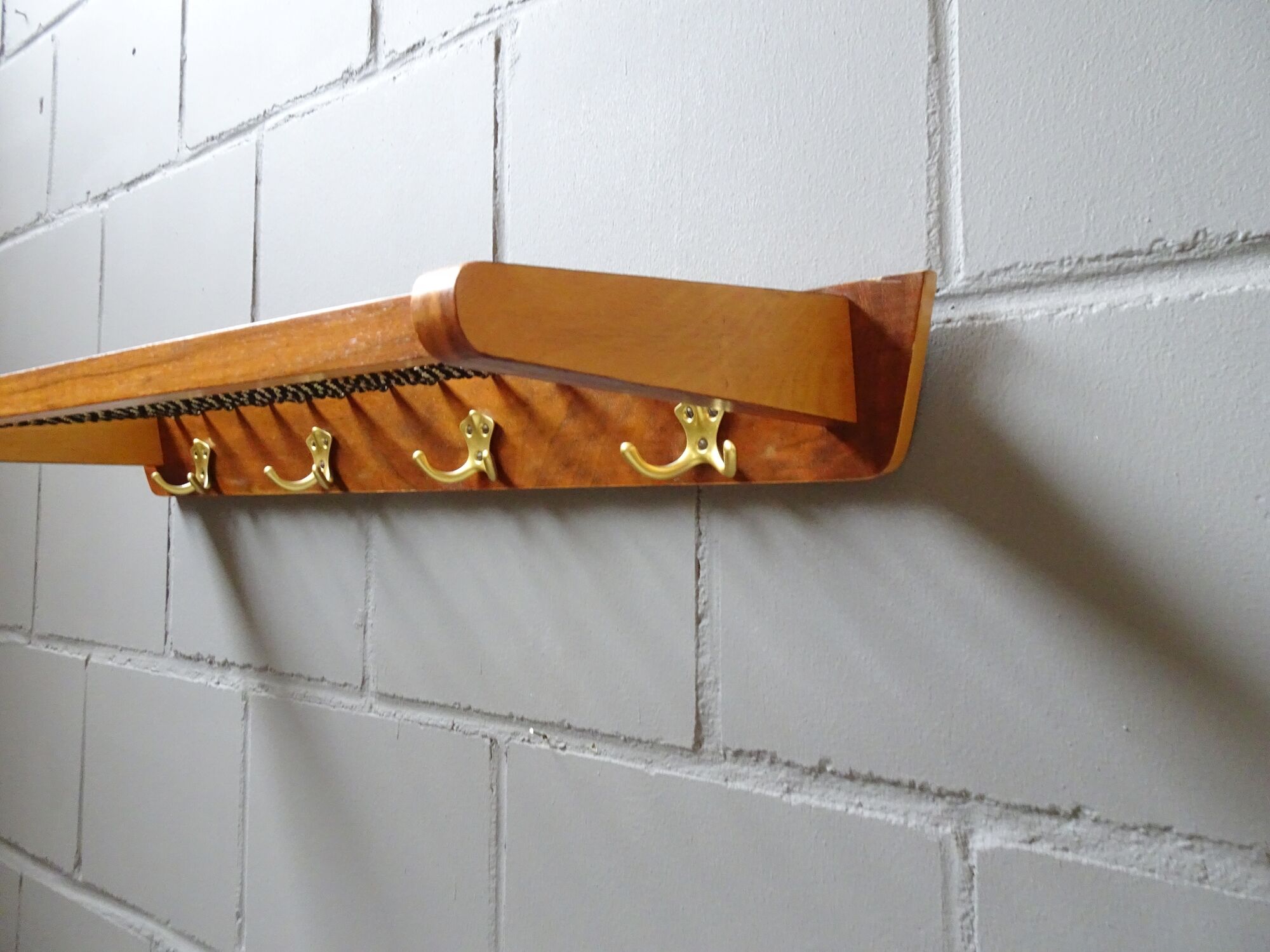 Wall coat rack with hat shelf made of wood and cords, Mid Century coat rack