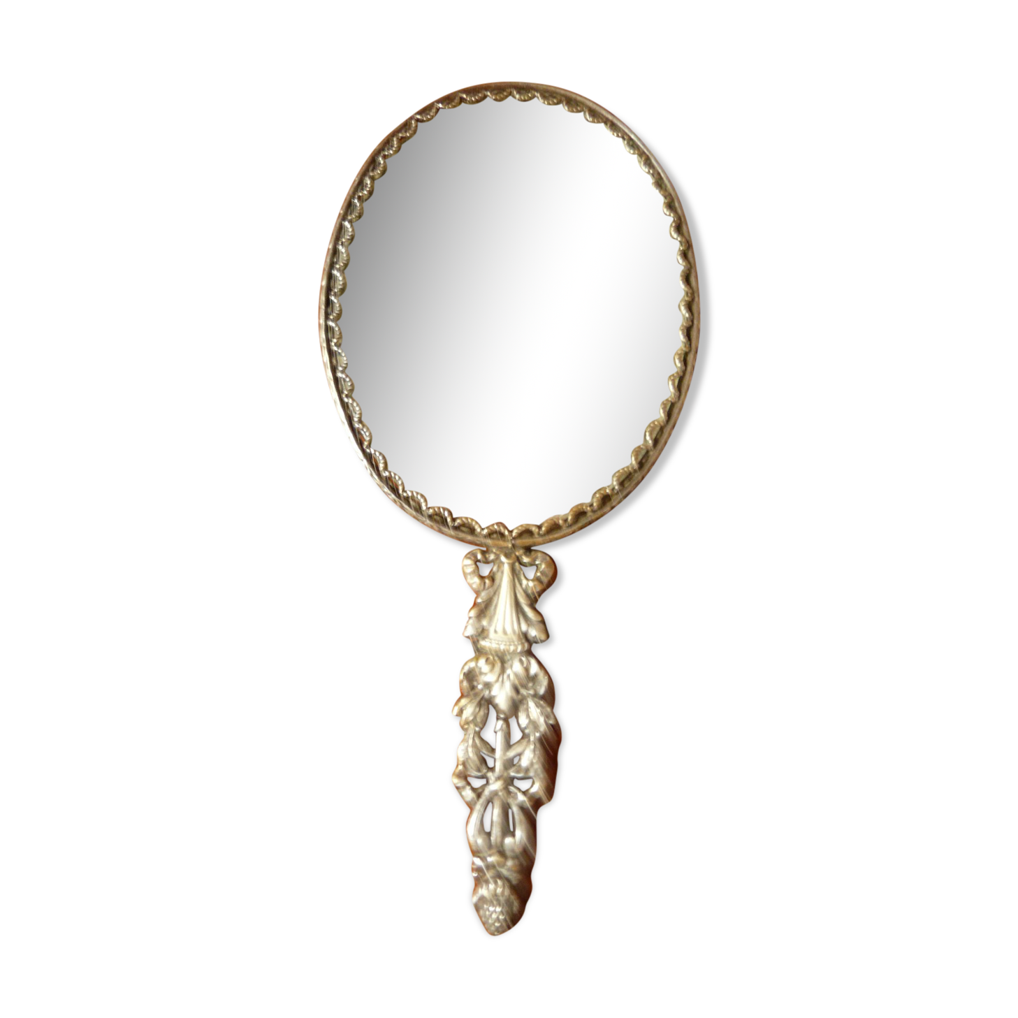 former silver bronze hand mirror - porcelain Limoges flower decoration