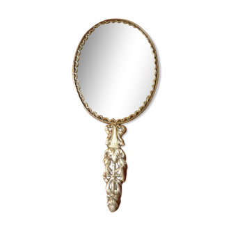 former silver bronze hand mirror - porcelain Limoges flower decoration