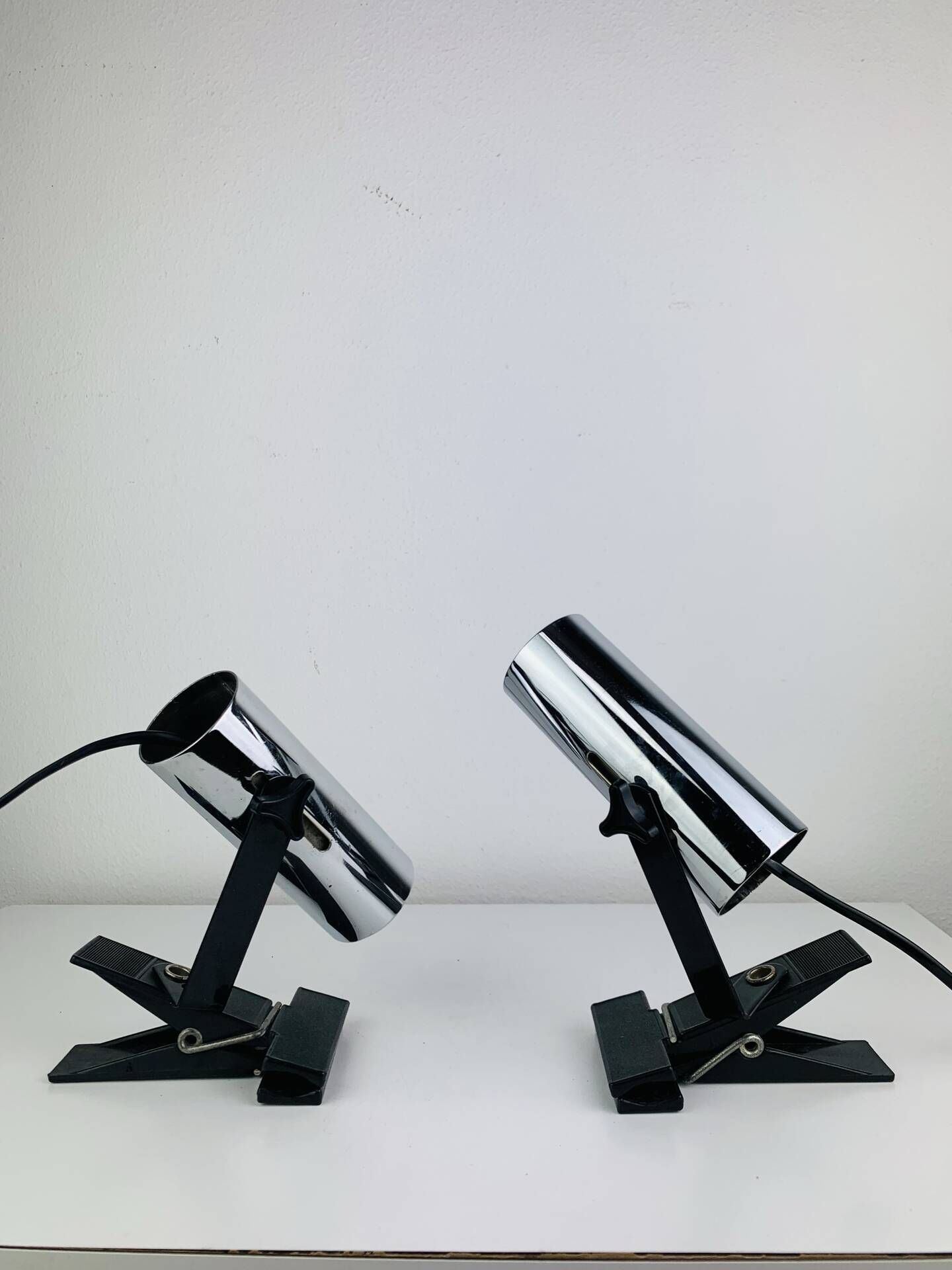 Pair of chrome clip-on spotlights, 1970s