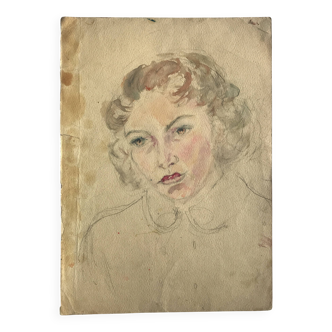 Portrait de femme, années 50/60. Aquarelle et mine de plomb sur papier