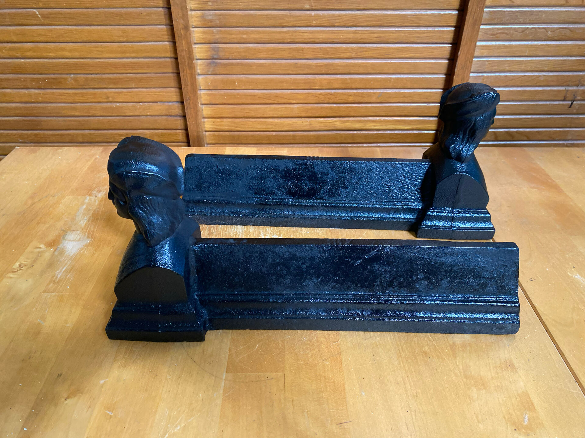 Pair of fireplace chenets raphaël man's head black cast iron vintage #e236