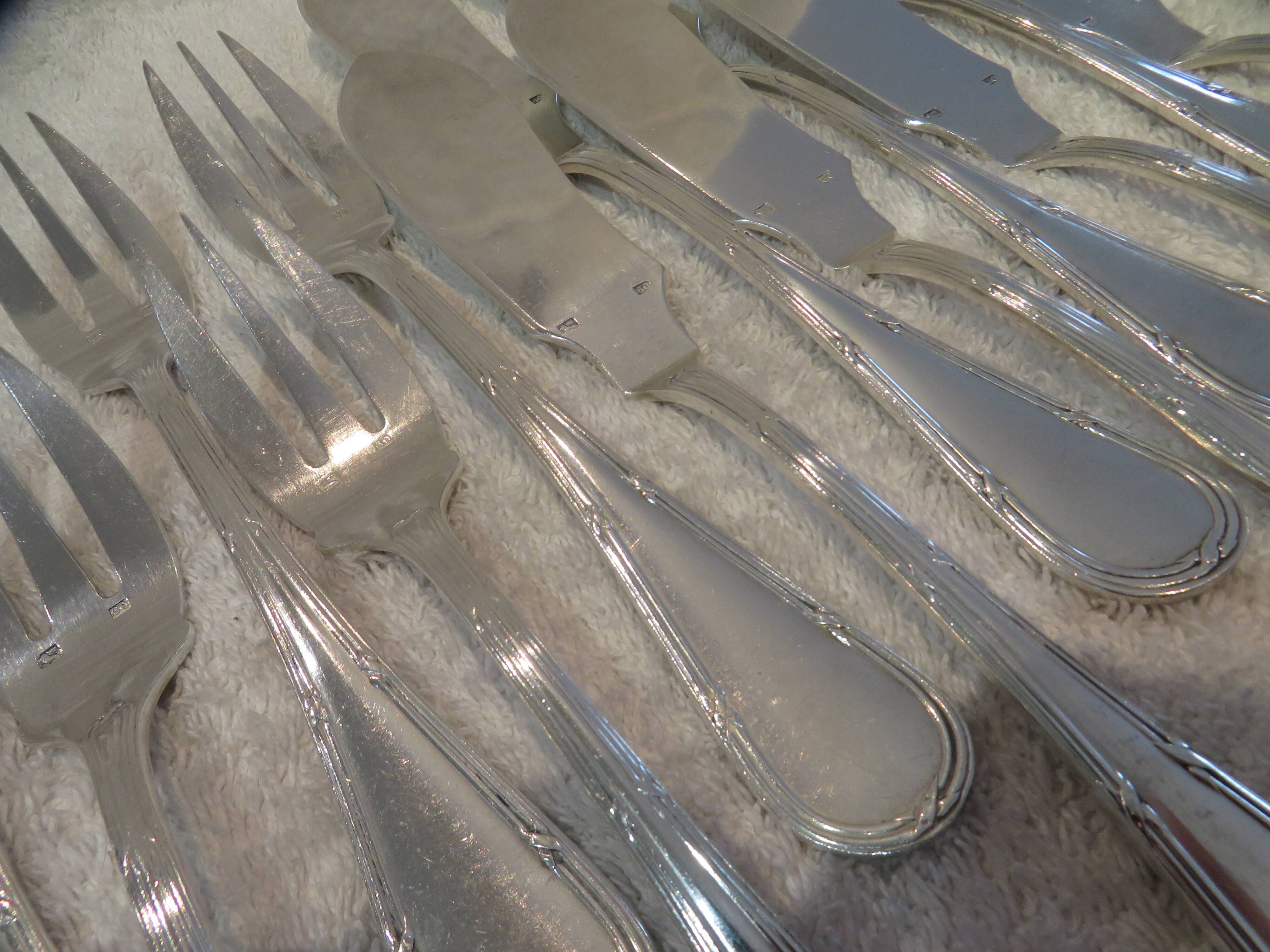 12 fish cutlery sets 24p silver plated metal goldsmith Apollo Louis XVI rushes