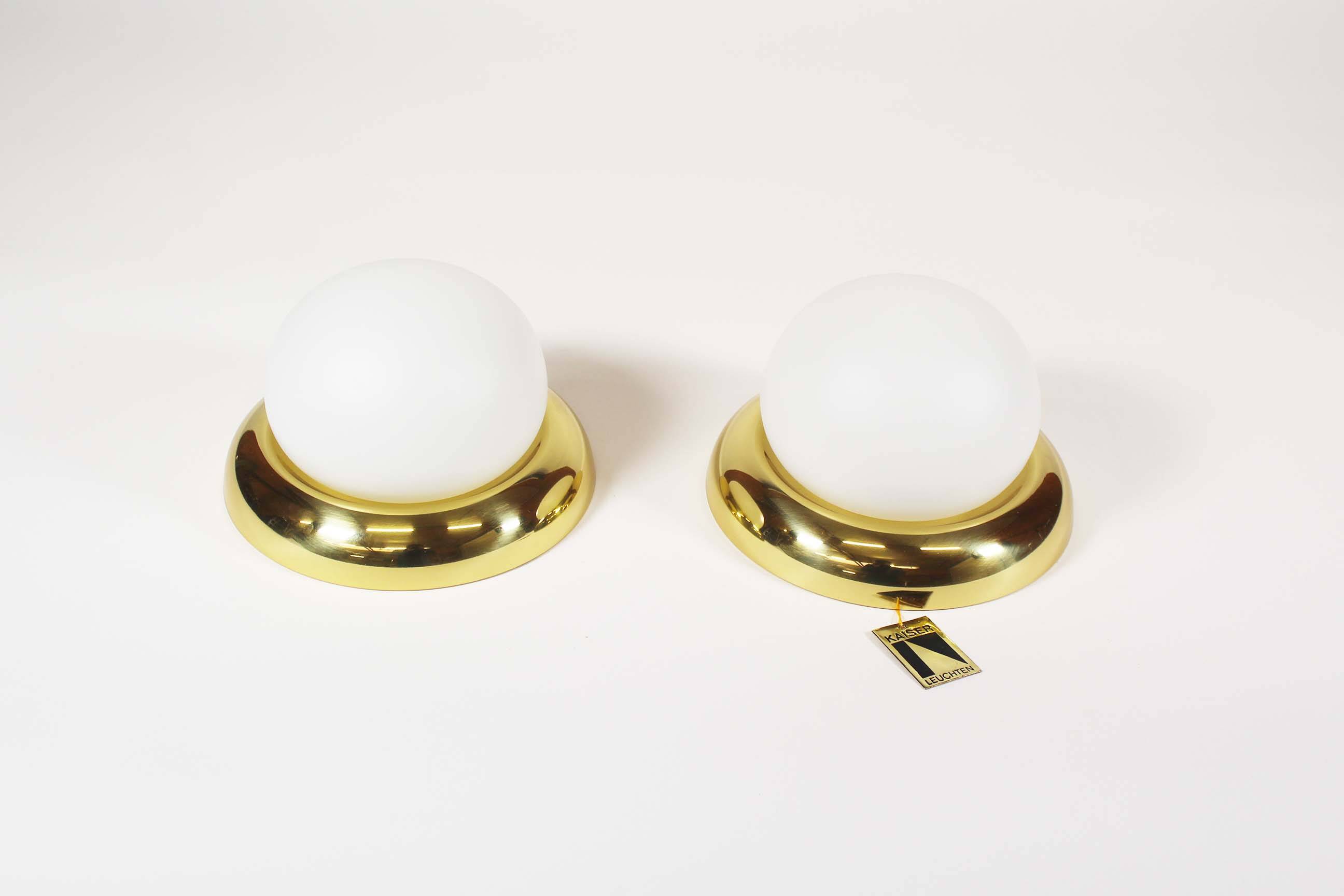 Pair of opaline glass and brass vintage wall lights by Kaiser