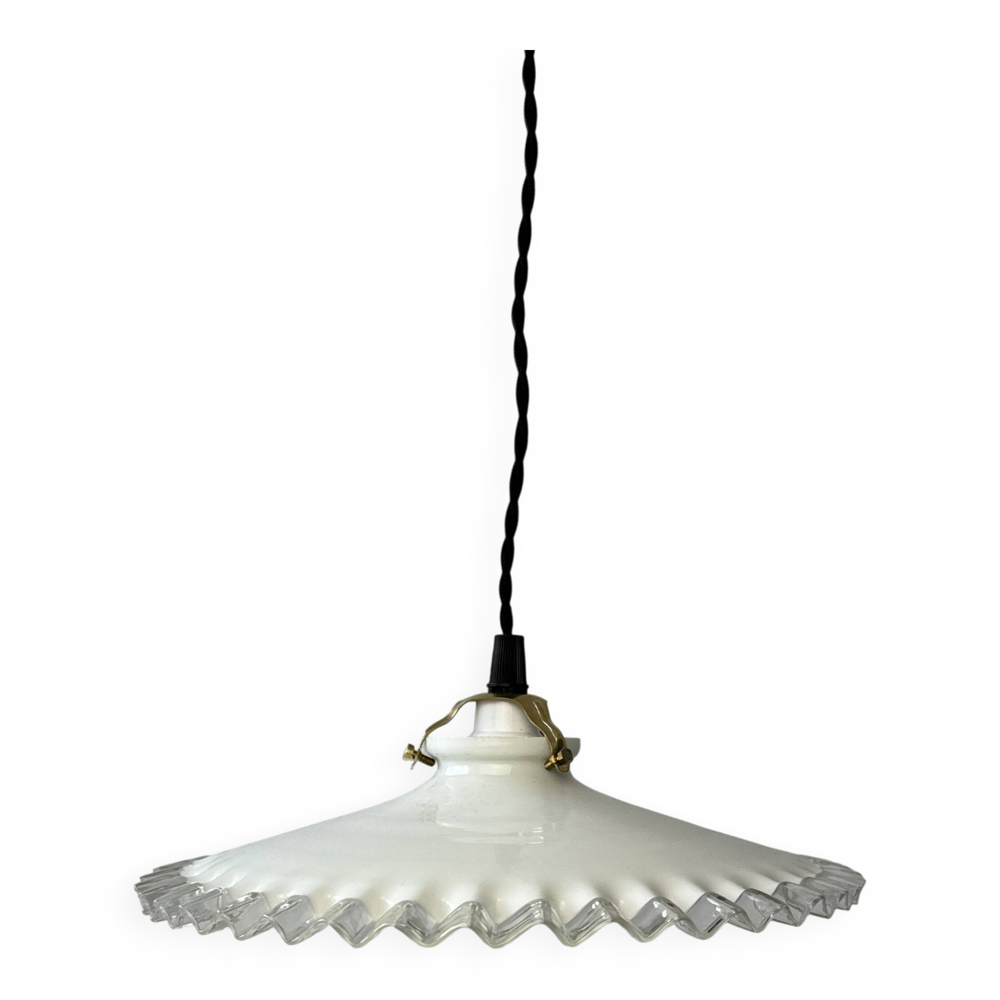 Vintage opaline glass pendant light with scalloped edges, 24 cm