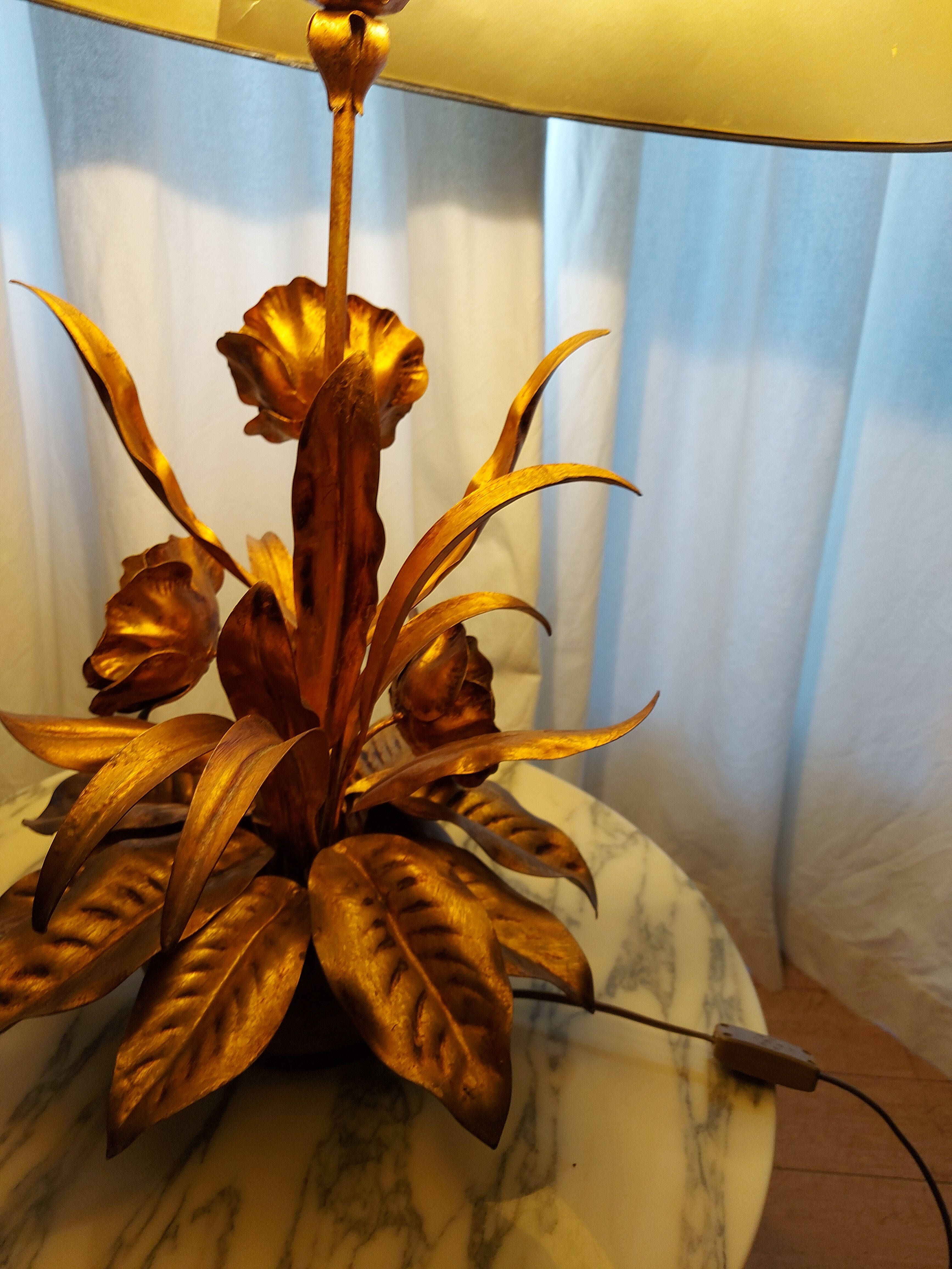 Large lamp, bouquet of vintage anemone flowers, gold metal, Hans Kogl