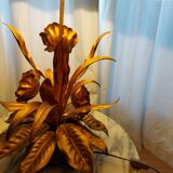 Large lamp, bouquet of vintage anemone flowers, gold metal, Hans Kogl