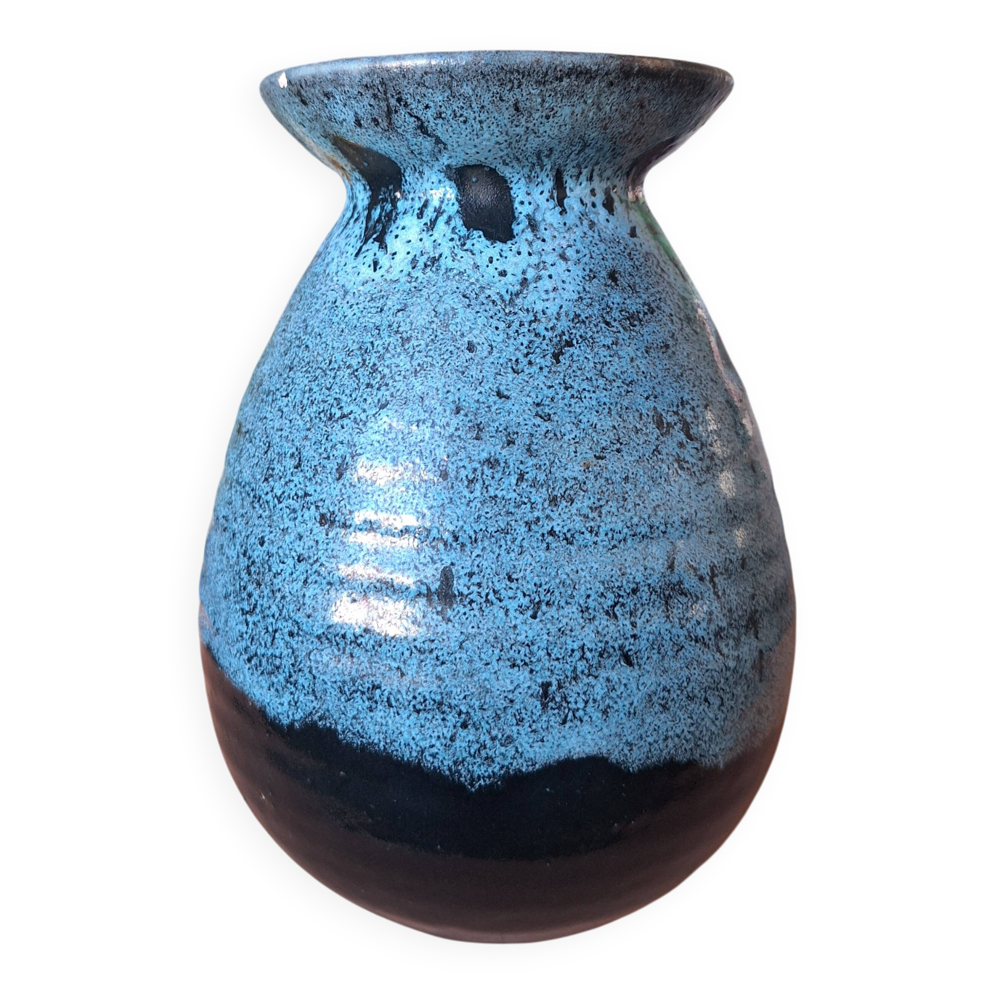 Vintage Accolay ceramic vase - speckled blue enamel - signed - 17 cm
