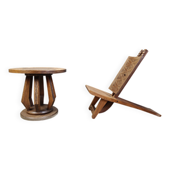 Fauteuil de chef cérémoniel africain avec table, en bois sculpté à la main, années 1960