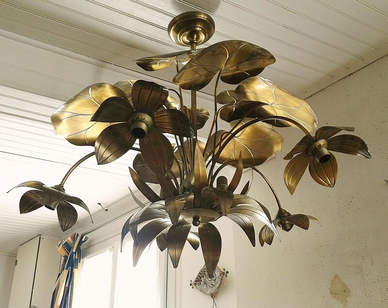 Chandelier, 10 light lights, water lily, brass