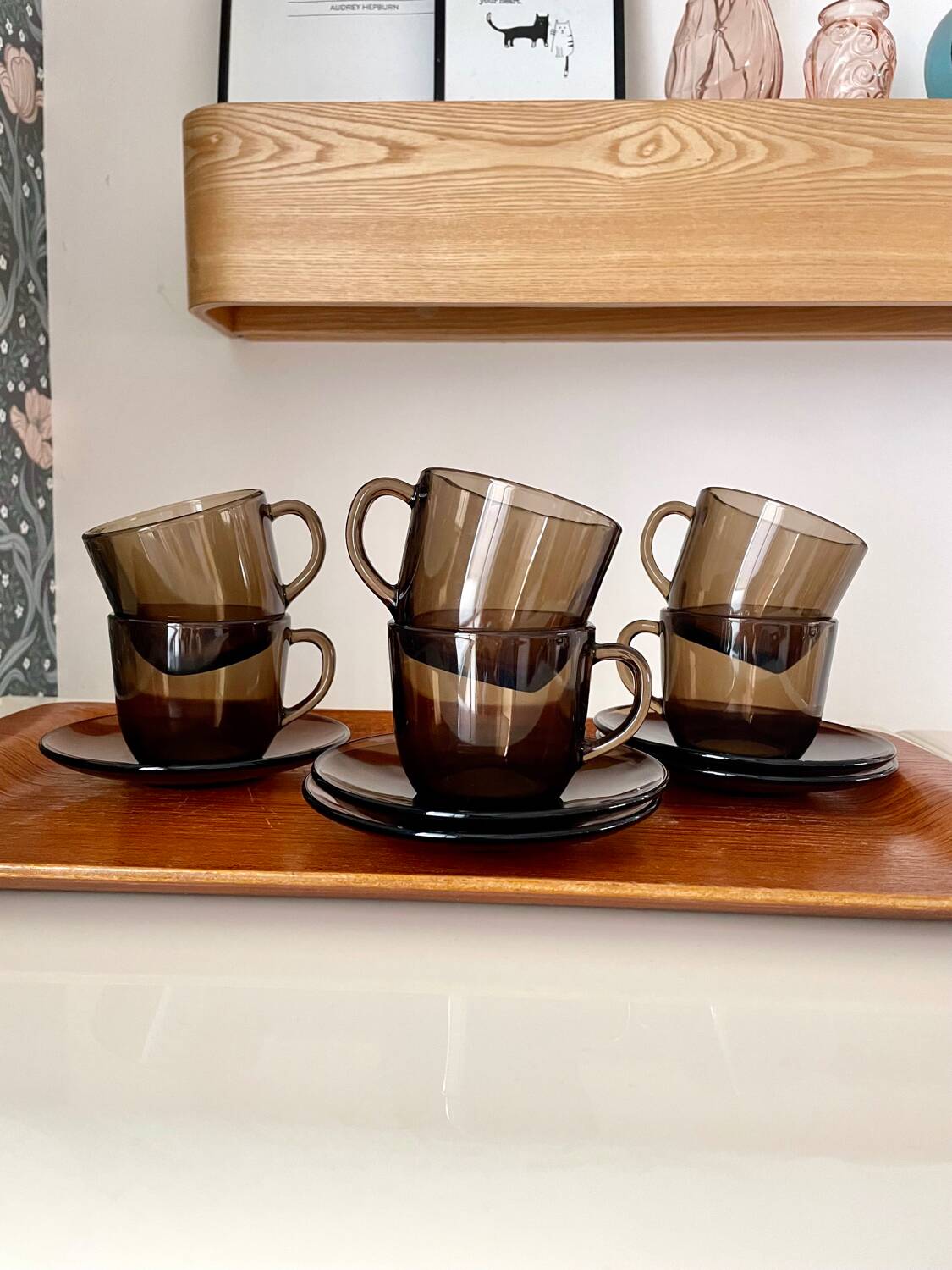 Set of 6 Vereco vintage 70 smoked glass cups