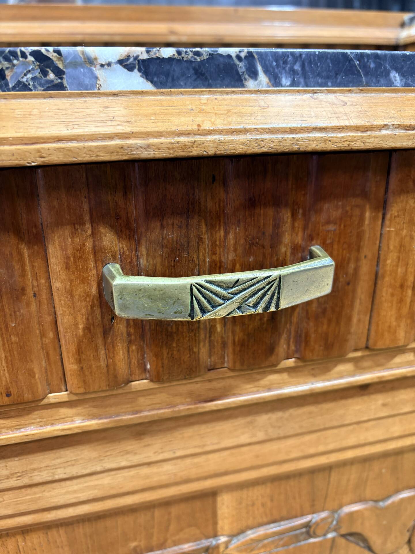Art Deco buffet in carved walnut, marble and large mirror – 1930s