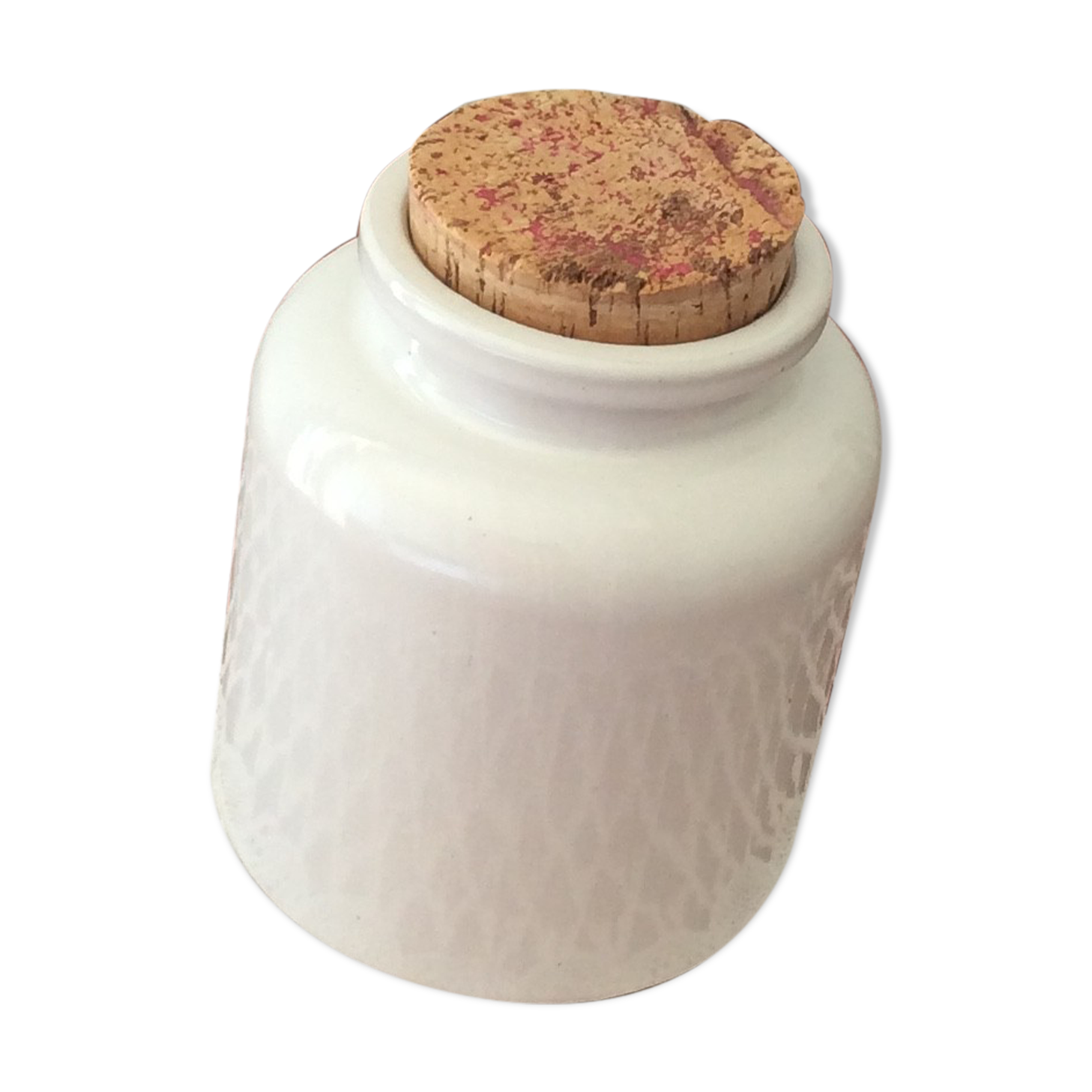 Old glazed stoneware mustard pot with cork stopper