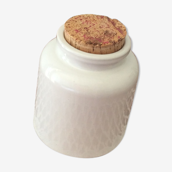 Old glazed stoneware mustard pot with cork stopper