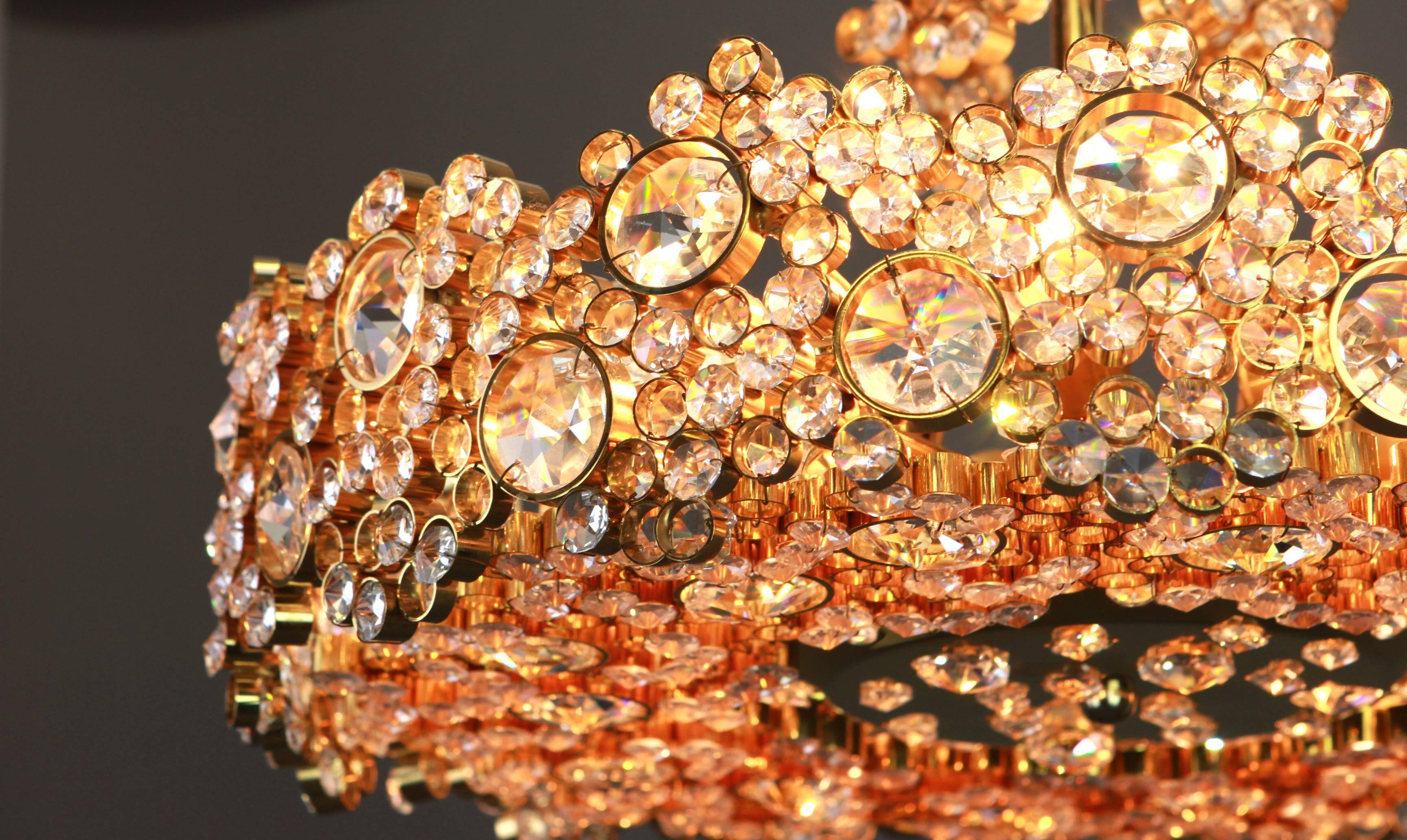 Golden brass chandelier with crystal glass inlays by Palwa, Germany, 1970s.