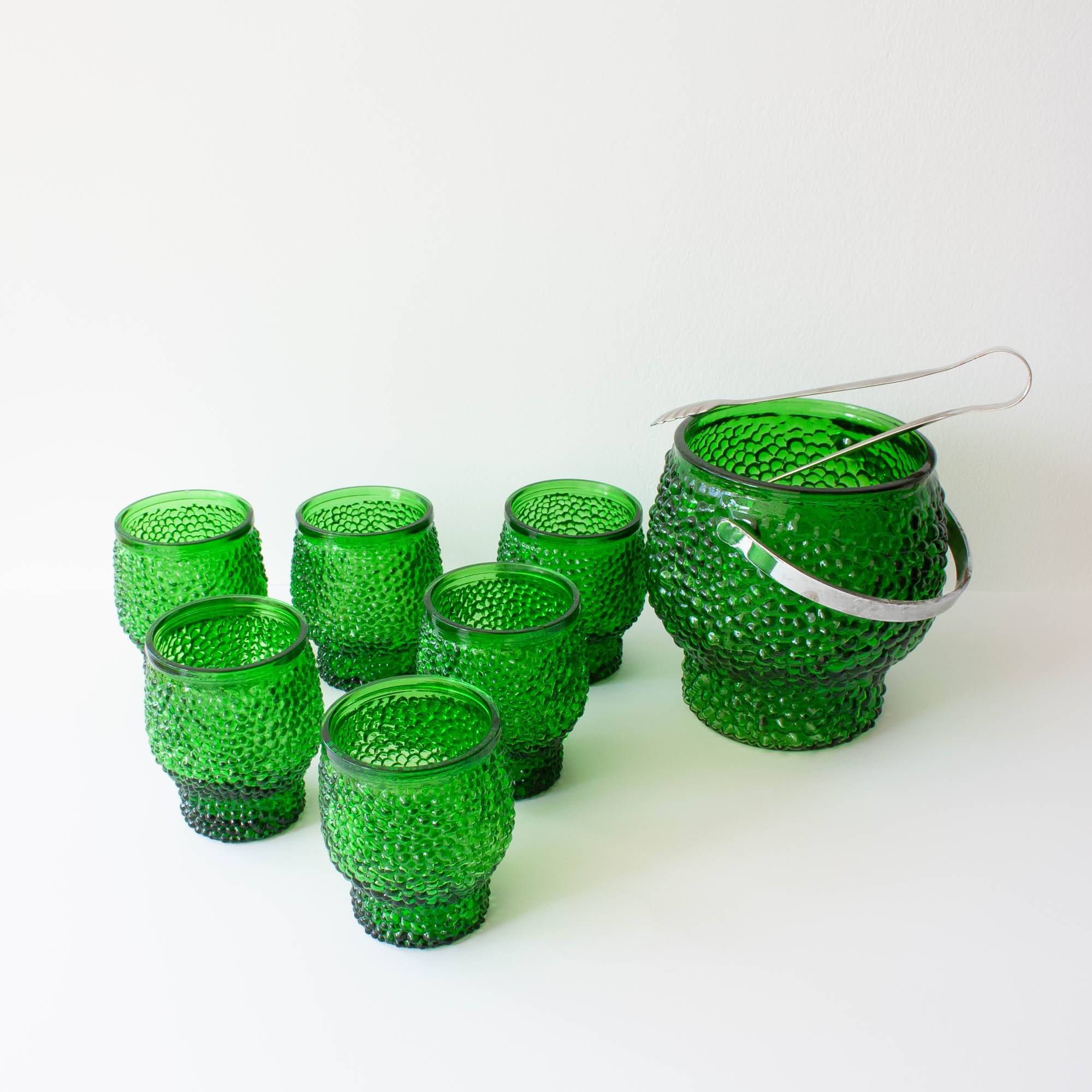 Vintage Green Set of 6 Cocktail bubble glasses, ice bucket and ice clamps
