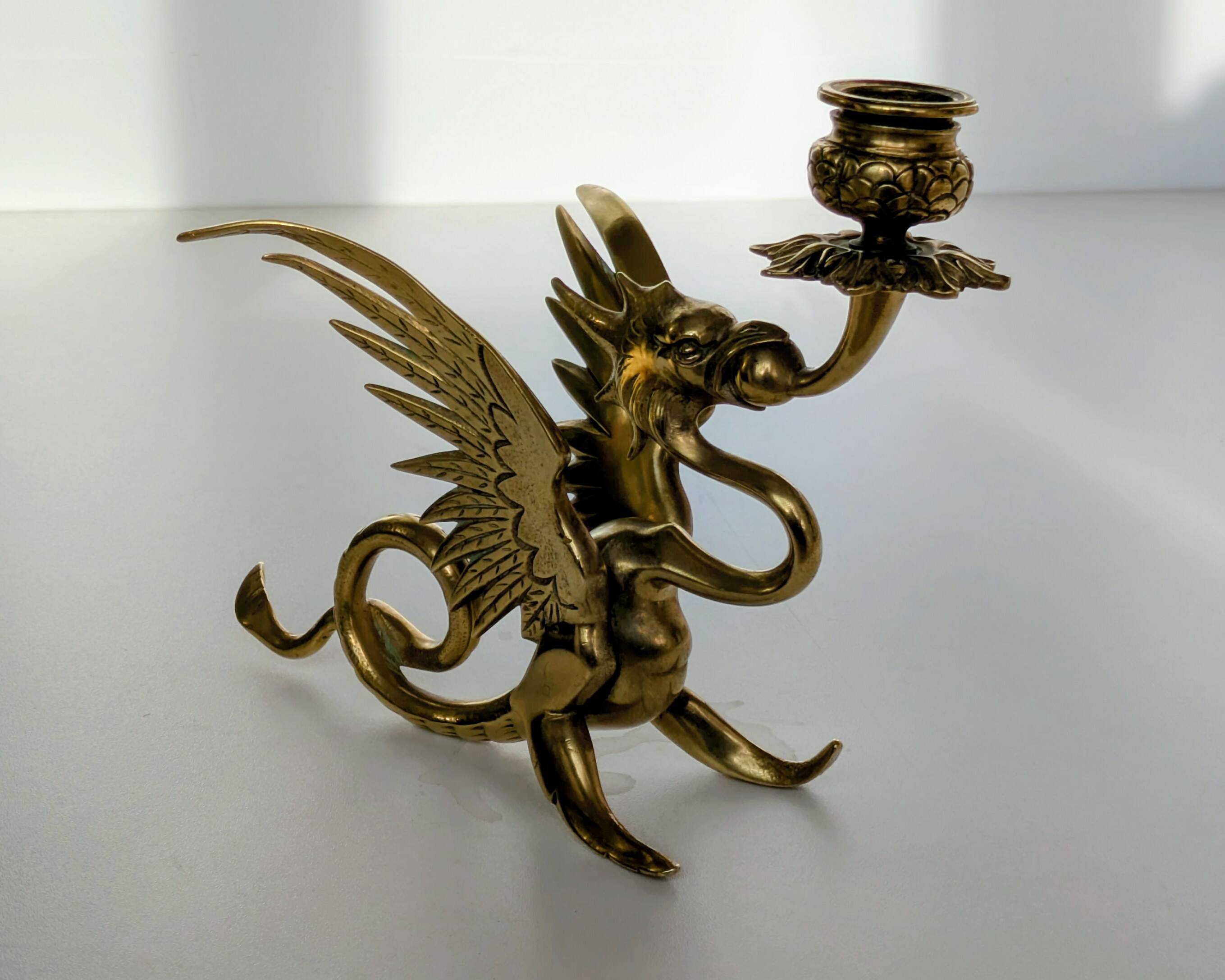 Large Brass Candlestick - Mythological Winged Griffin Dragon - Gothic