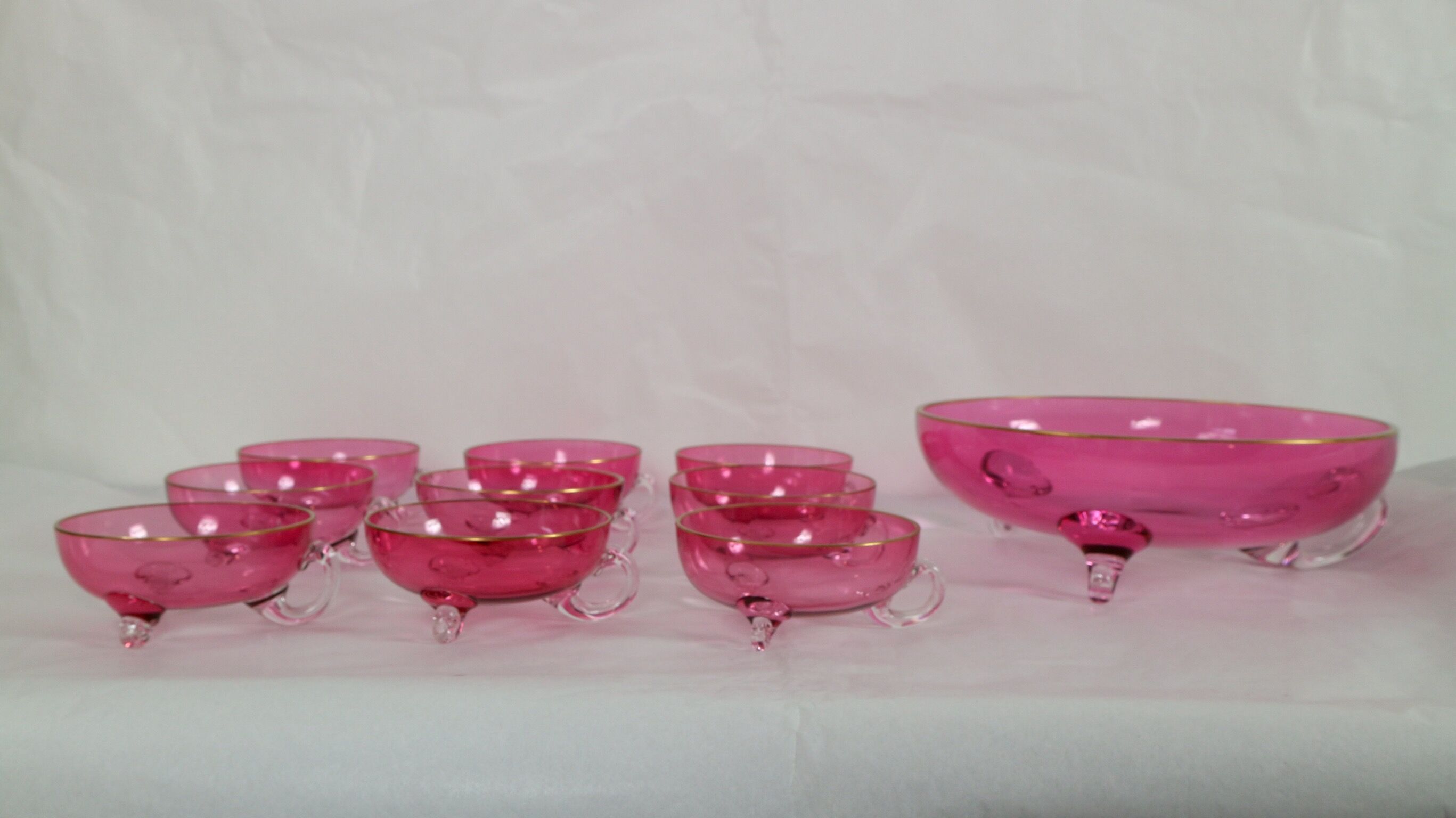 Vintage glasses service cup pink for 7 with service bowl